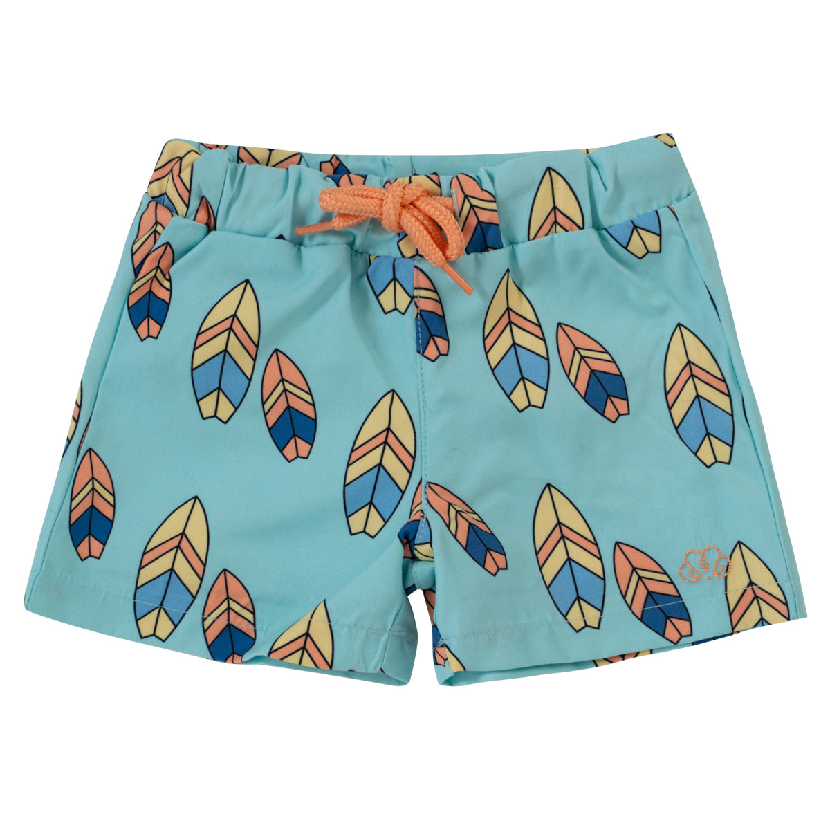 Boy swim shorts aqua blue surfboard print front view